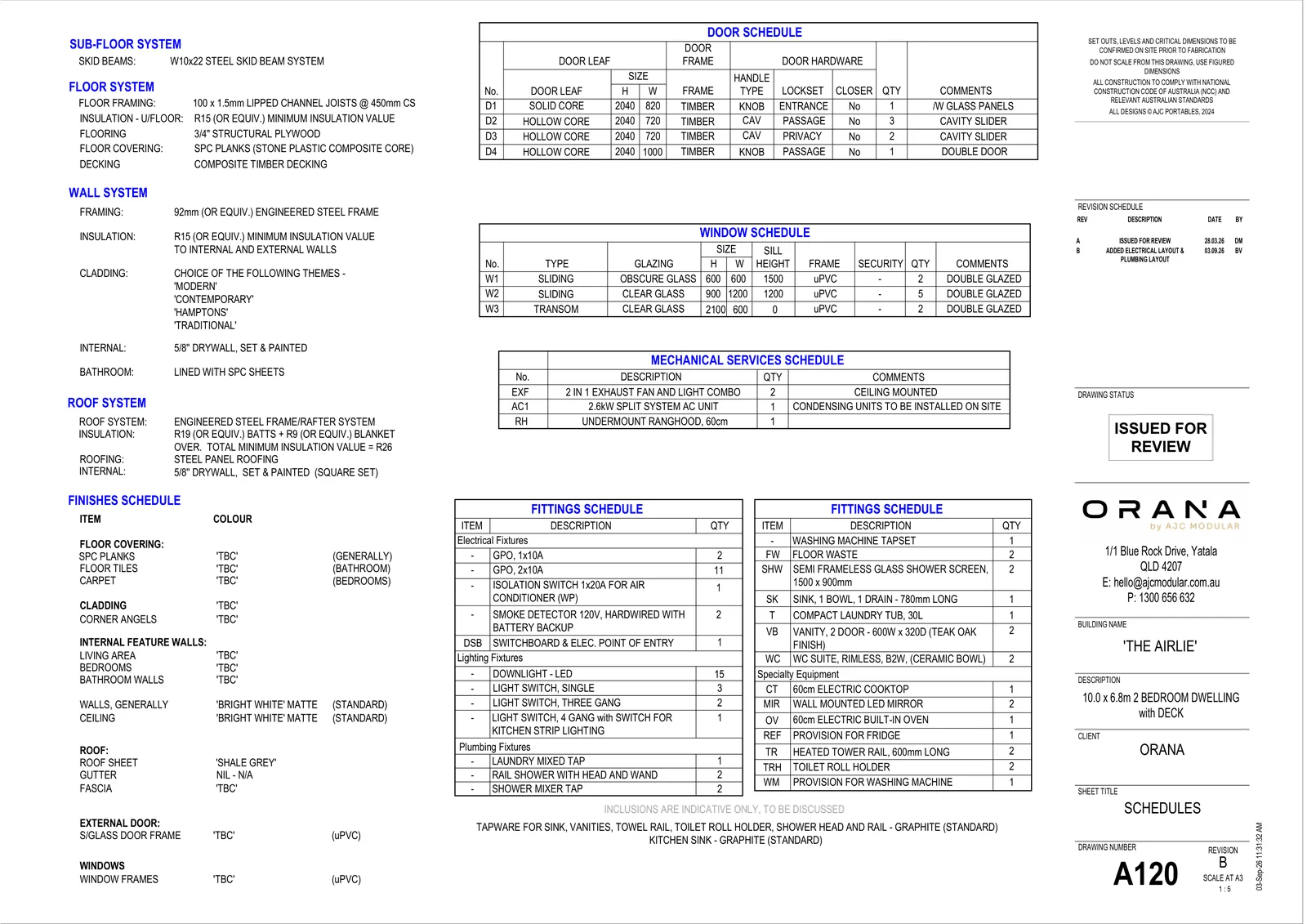 The Airlie — specifications and schedules (drawing sheet A120)