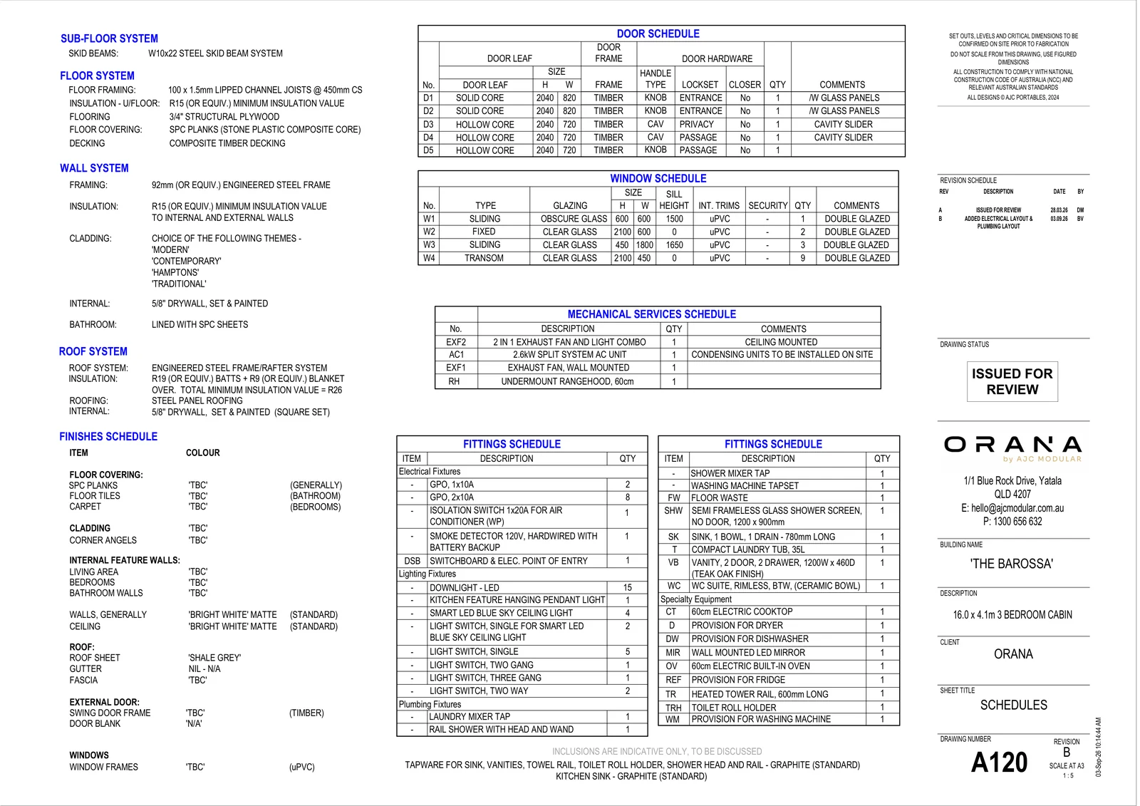 The Barossa — specifications and schedules (drawing sheet A120)
