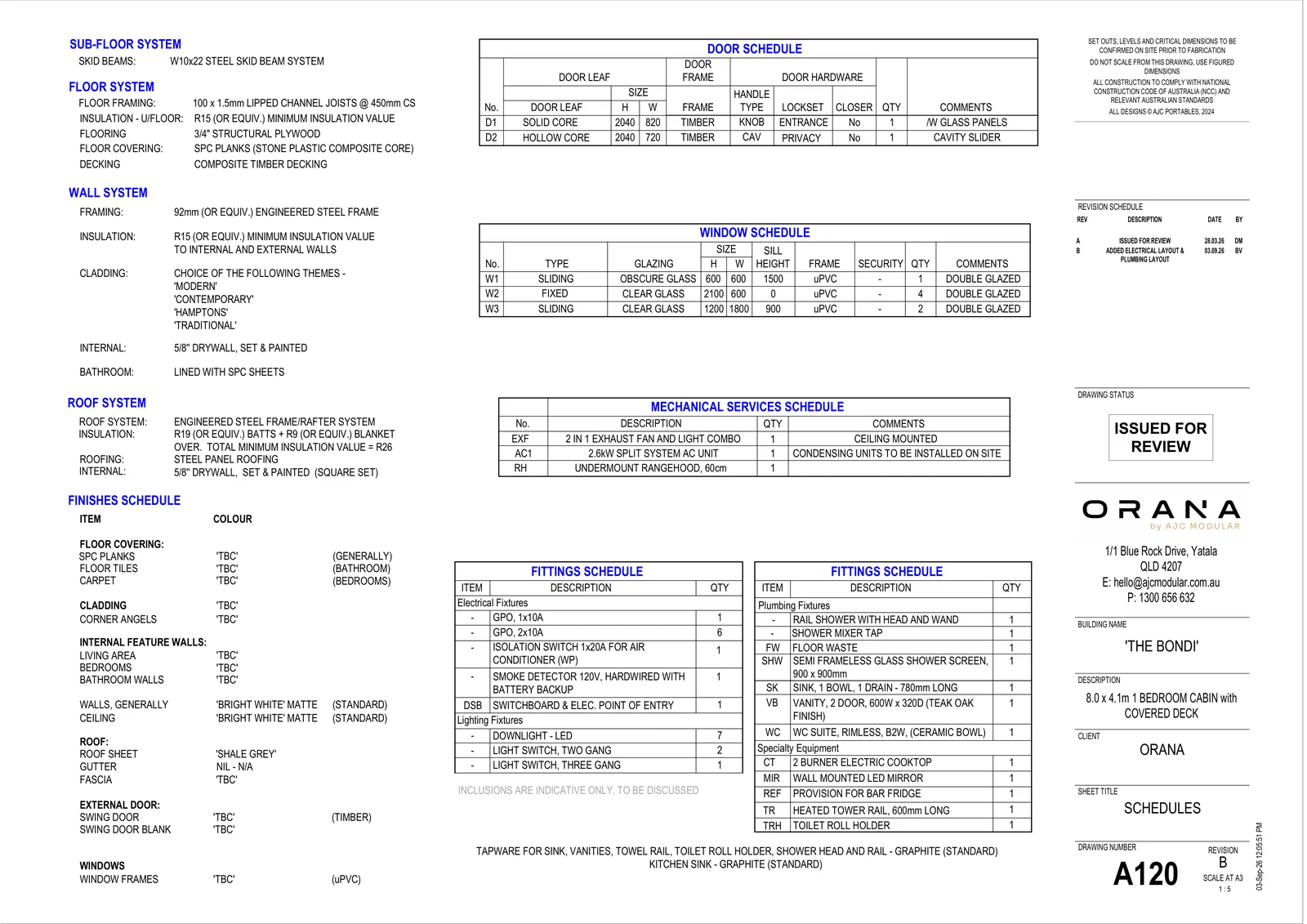 The Bondi — specifications and schedules (drawing sheet A120)