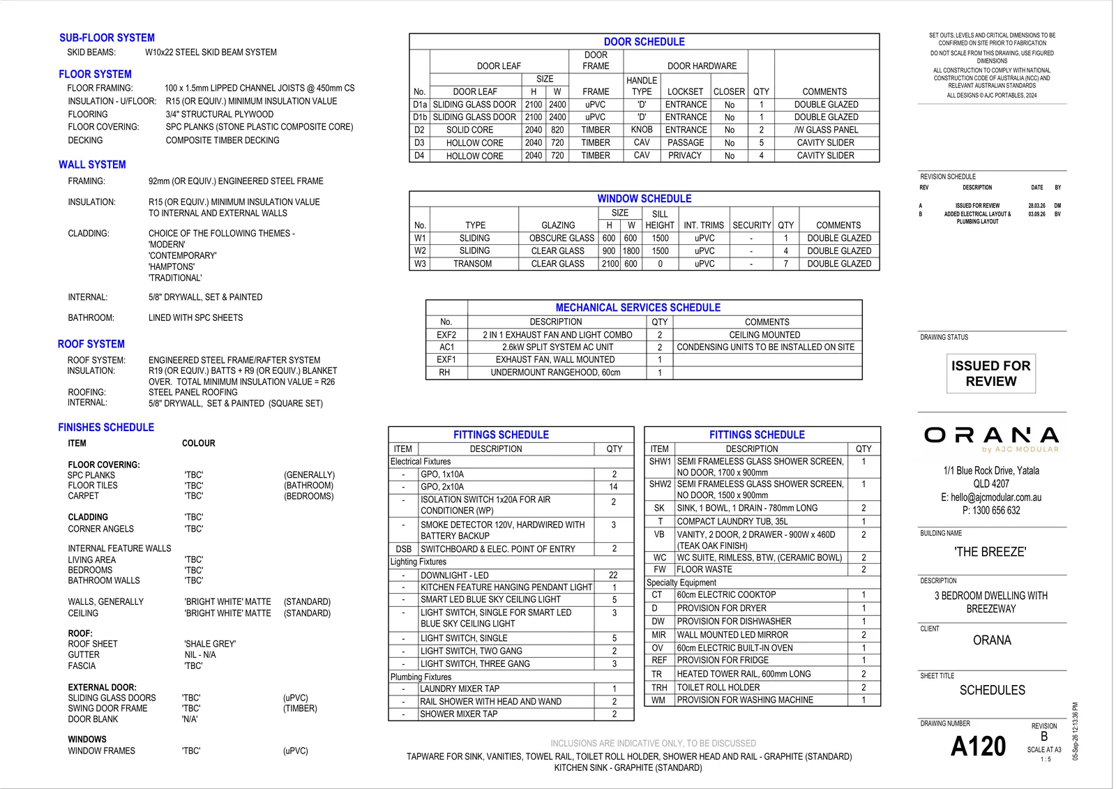 The Breeze — specifications and schedules (drawing sheet A120)