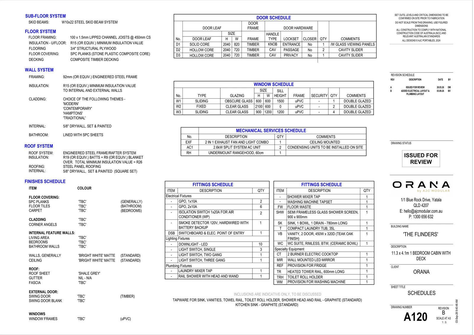 The Flinders — specifications and schedules (drawing sheet A120)