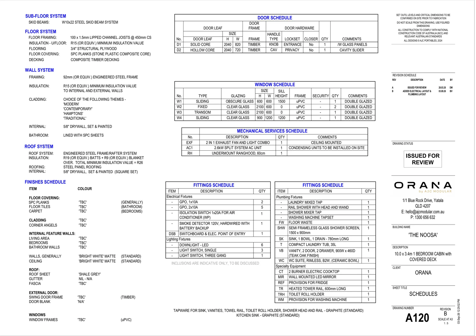 The Noosa — specifications and schedules (drawing sheet A120)
